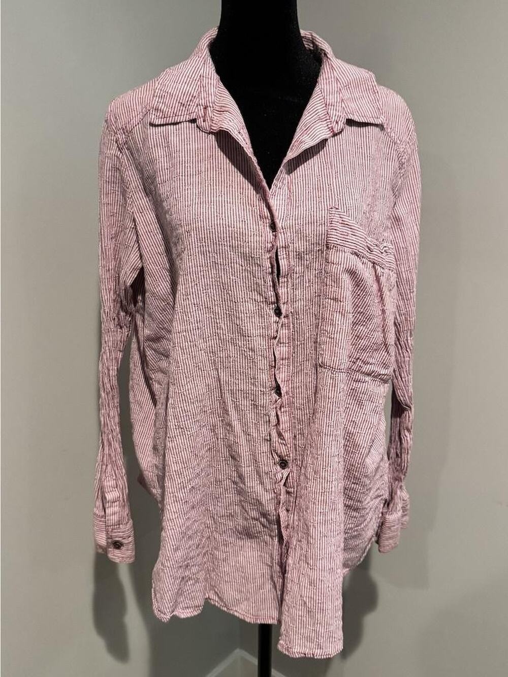 Free People Tunic Shirt Womens Medium Red Striped Textured Crinkle Button Front
